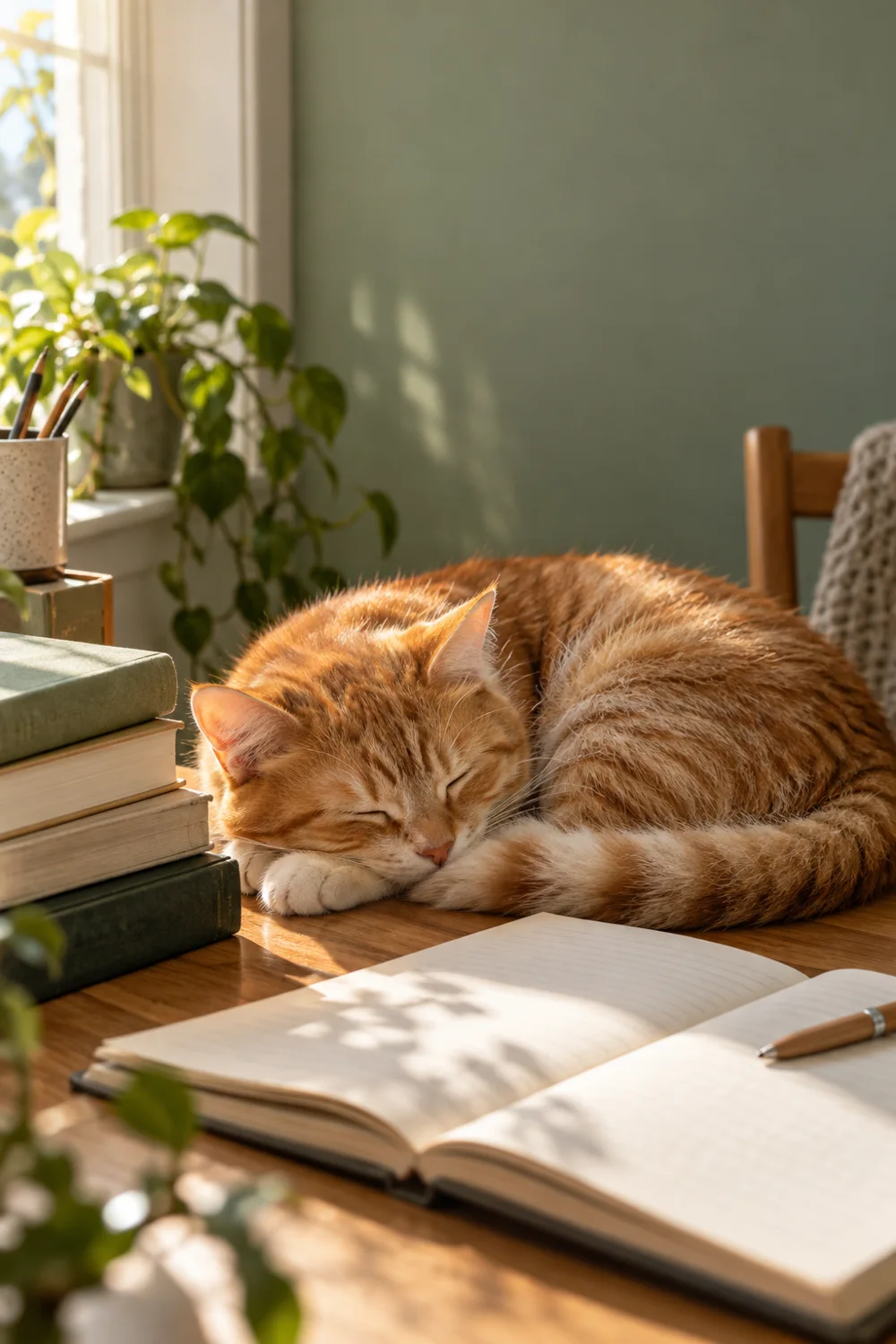 A ginger cat sleeping beside books and an open notebook in a sunny study corner
